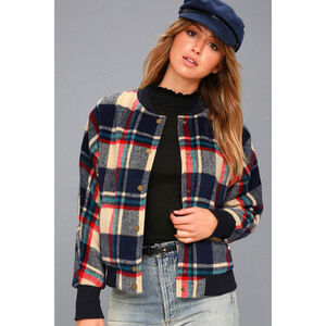 Lulus Corvallis Beige And Navy Blue Plaid Bomber Jacket - Size Large